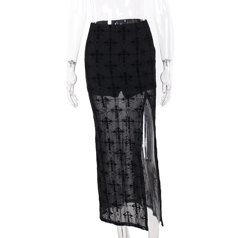 Kobine Women's Gothic Semi-sheer Split Maxi Mesh Skirt