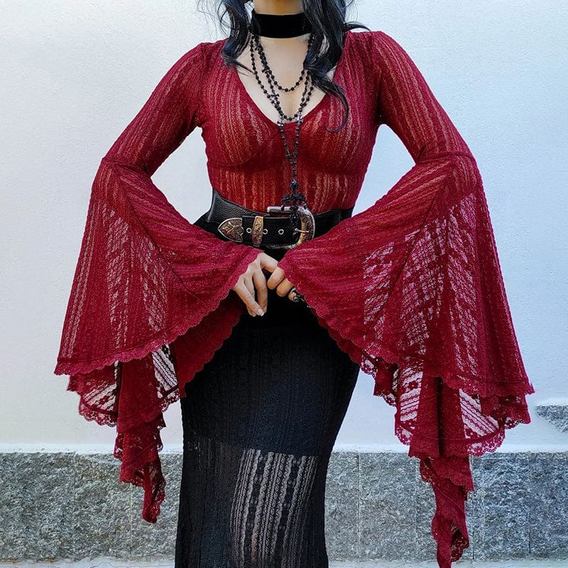 Kobine Women's Gothic Sheer Trumpet Sleeved Lace Bodysuit