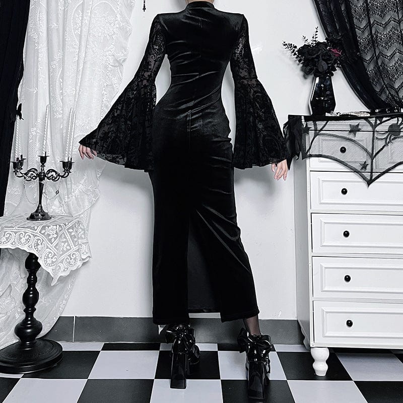 Kobine Women's Gothic Sheer Trumpet Sleeved Velvet Maxi Dress