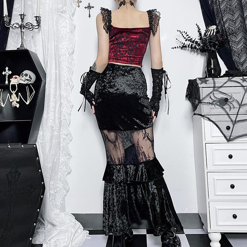 Kobine Women's Gothic Sheer Velvet Wrap Maxi Skirt