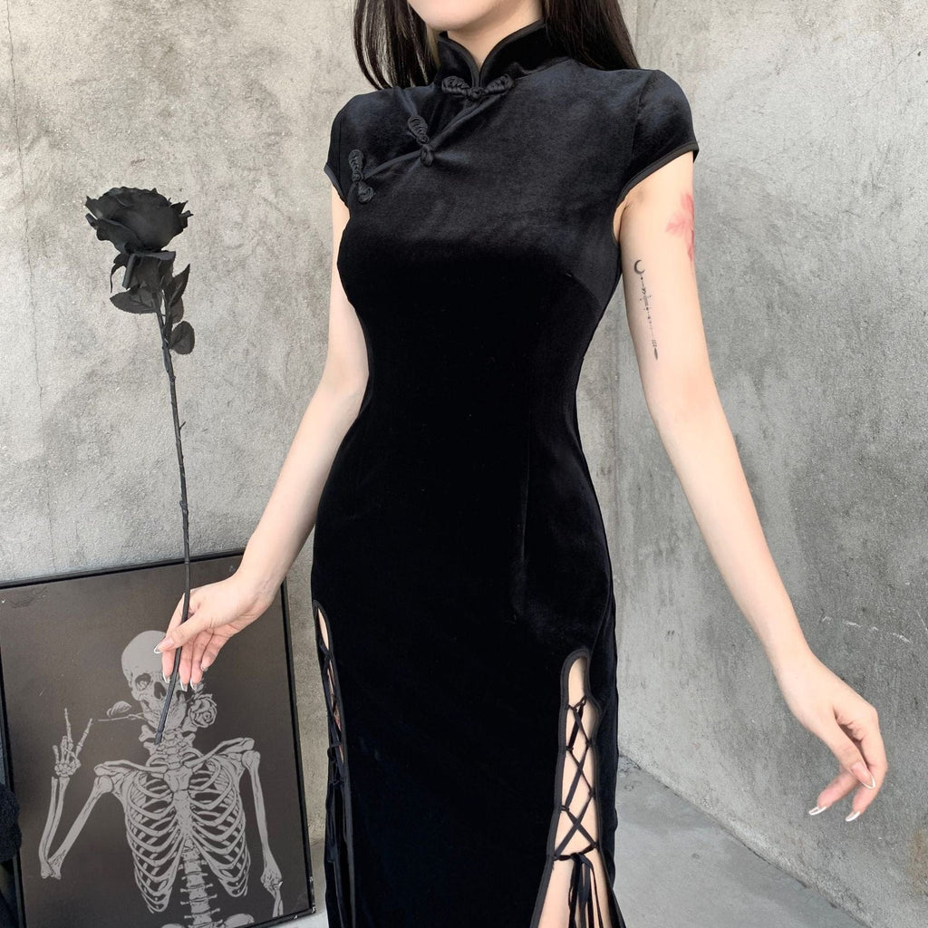 Kobine Women's Gothic Side Slit Black Velet Cheongsam Dress