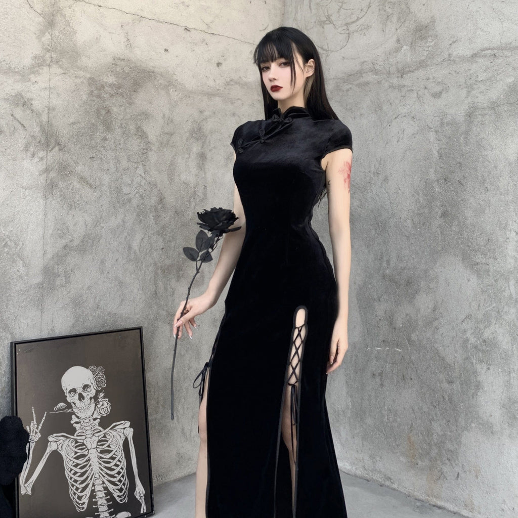 Kobine Women's Gothic Side Slit Black Velet Cheongsam Dress