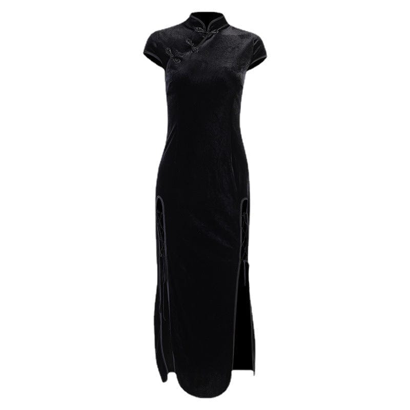 Kobine Women's Gothic Side Slit Black Velet Cheongsam Dress