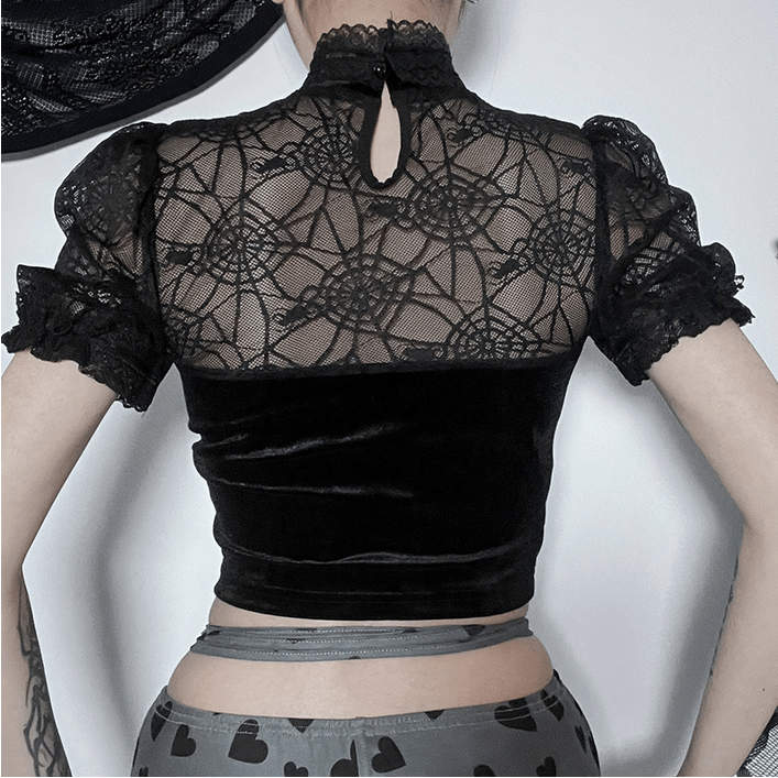 Kobine Women's Gothic Sipder Mesh Splice Velvet Crop Top