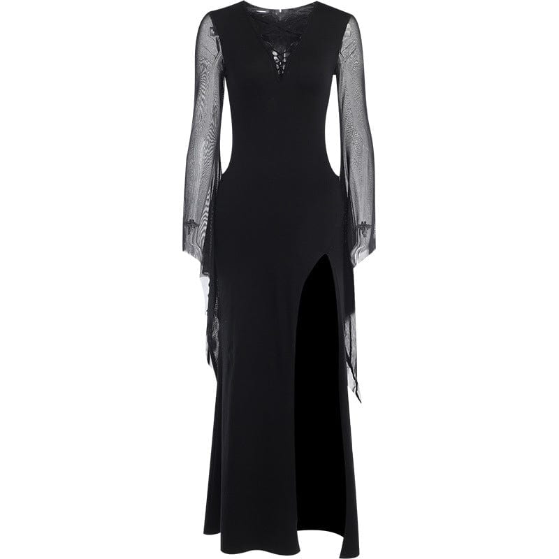 Kobine Women's Gothic Spaghetti Strap Cutout Side Slit Long Sleeved Dress