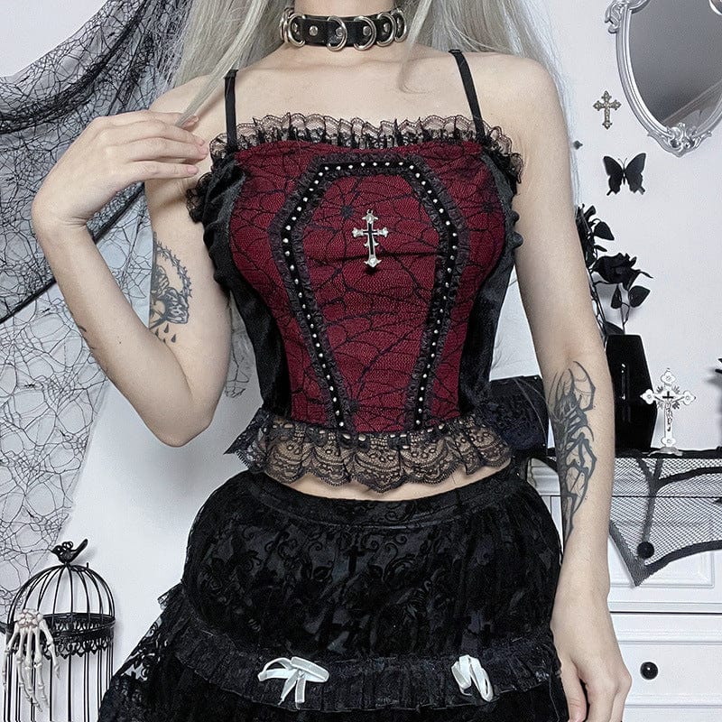 Kobine Women's Gothic Spider Web Lace Splice Tank Top