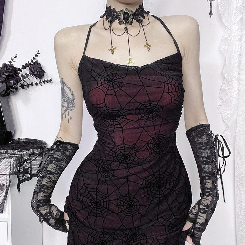 Kobine Women's Gothic Spider Web Lace-up Halloween Slip Dress