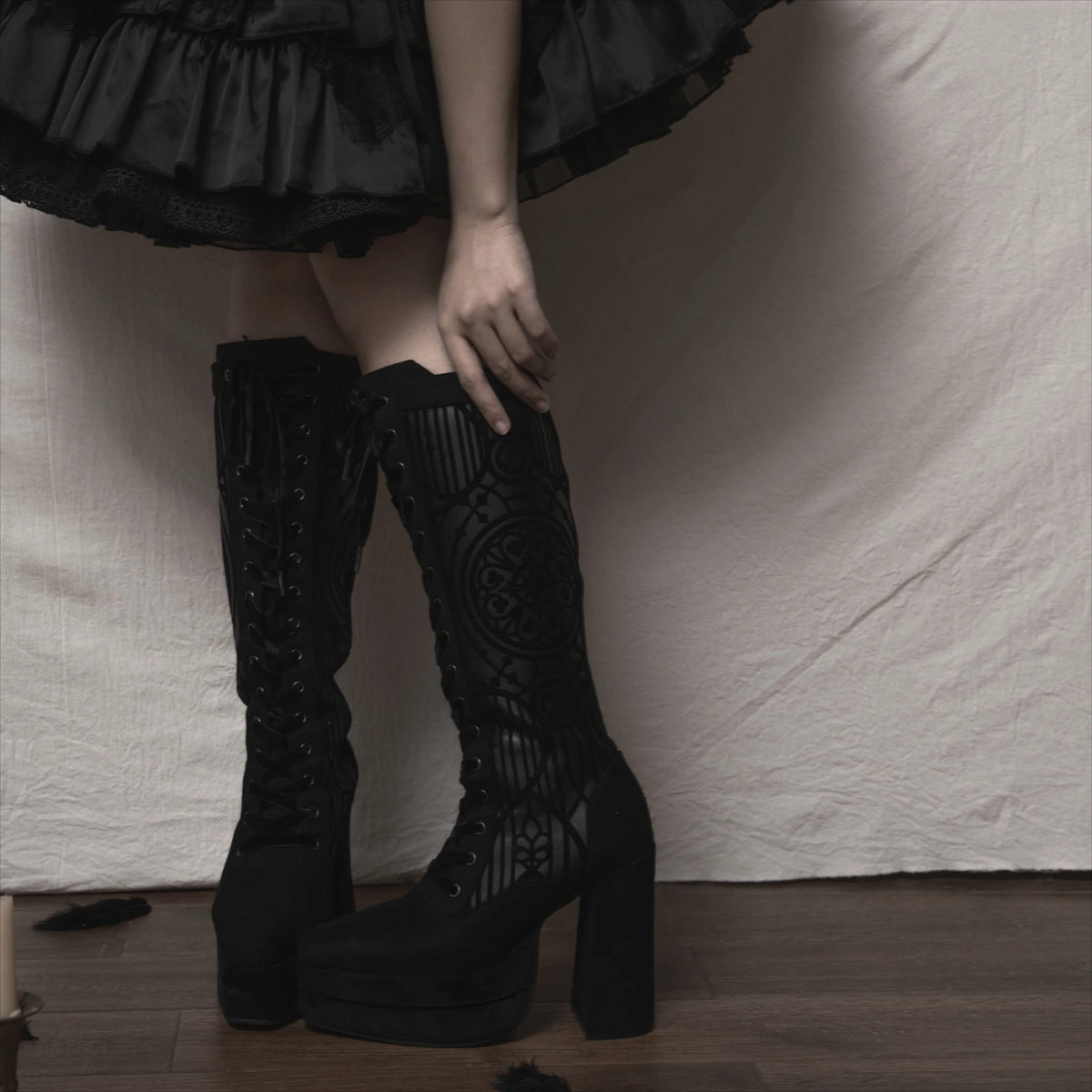 Kobine Women's Gothic Stained Glass Print Lace-up Knee High Platform Boots