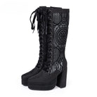 Kobine Women's Gothic Stained Glass Print Lace-up Knee High Platform Boots