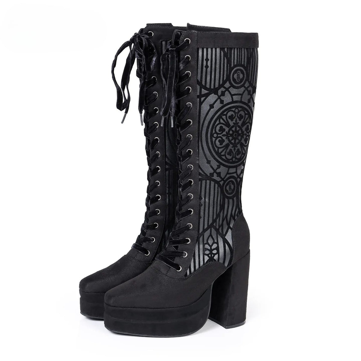 Kobine Women's Gothic Stained Glass Print Lace-up Knee High Platform Boots