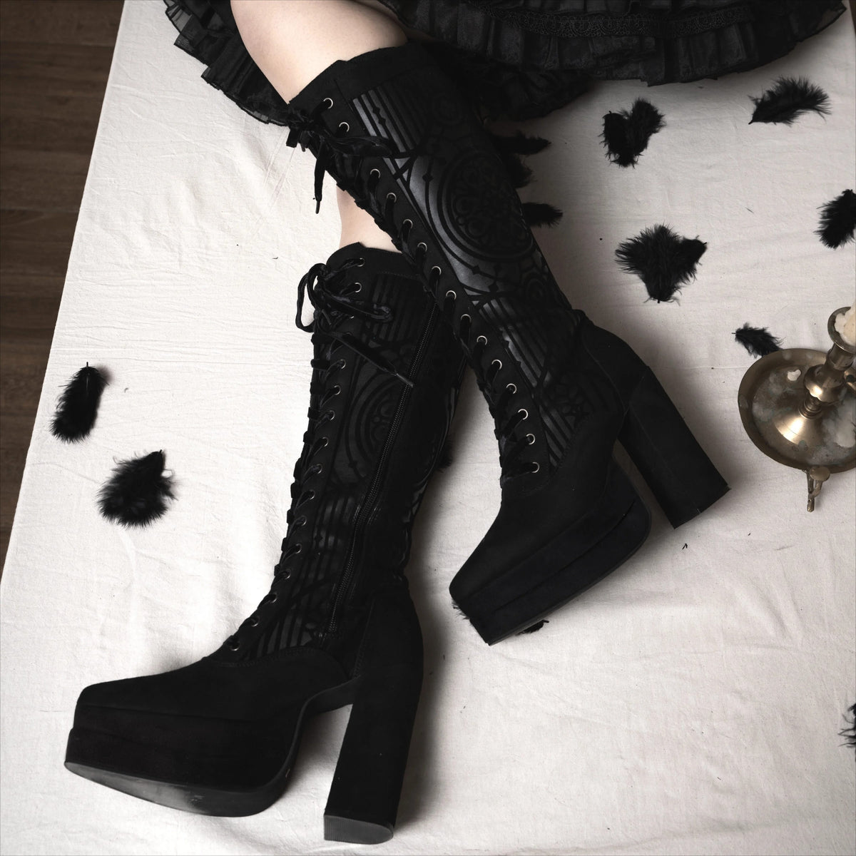 Kobine Women's Gothic Stained Glass Print Lace-up Knee High Platform Boots