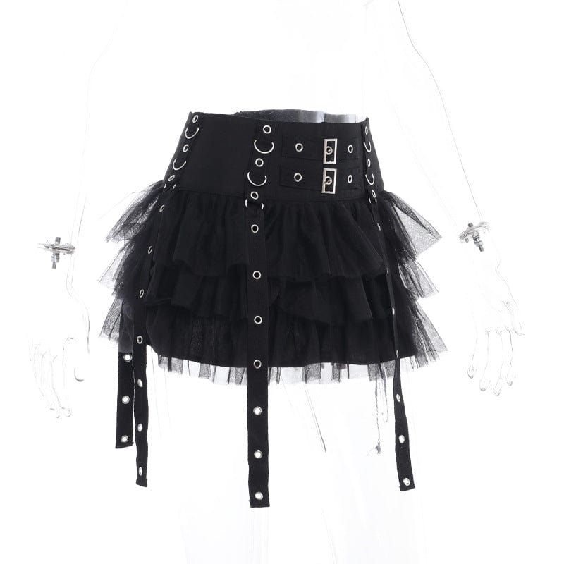 Kobine Women's Gothic Strap Splice Mesh Layered Skirt
