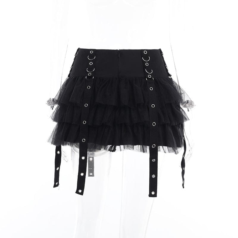 Kobine Women's Gothic Strap Splice Mesh Layered Skirt