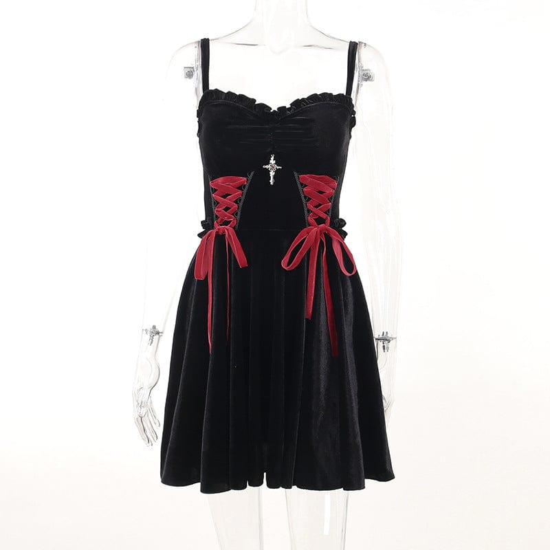 Kobine Women's Gothic Strappy Cross Velvet Slip Dress