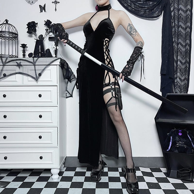 Kobine Women's Gothic Strappy Side Slit Halterneck Dress
