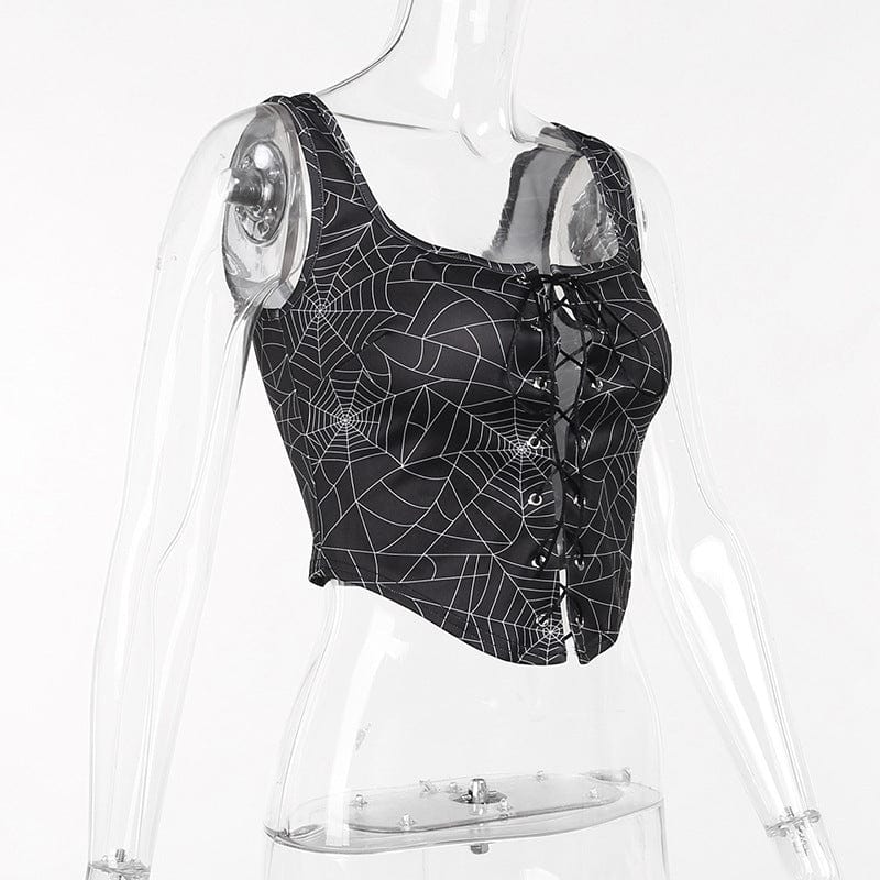 Kobine Women's Gothic Strappy Spider Web Printed Vest
