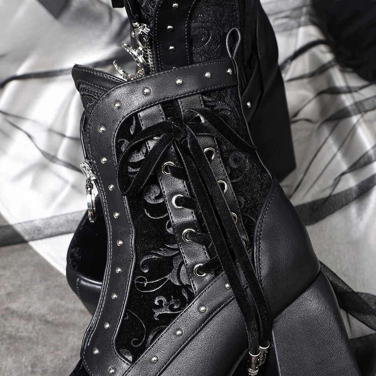 Kobine Women's Gothic Studded Lace-up Zipper Platform Ankle Boots