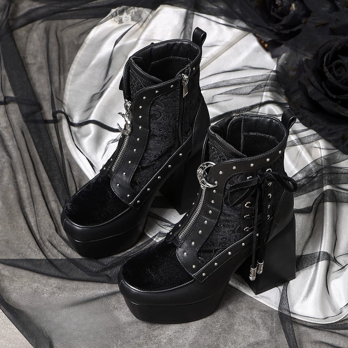 Kobine Women's Gothic Studded Lace-up Zipper Platform Ankle Boots