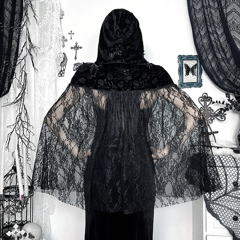 Kobine Women's Gothic Tassels Lace Cape with Hood