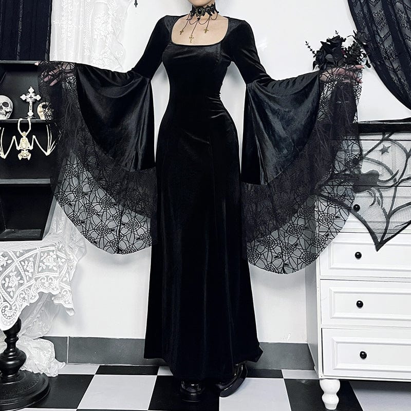 Kobine Women's Gothic Trumpet Sleeved Cobweb Patchwork Maxi Dress