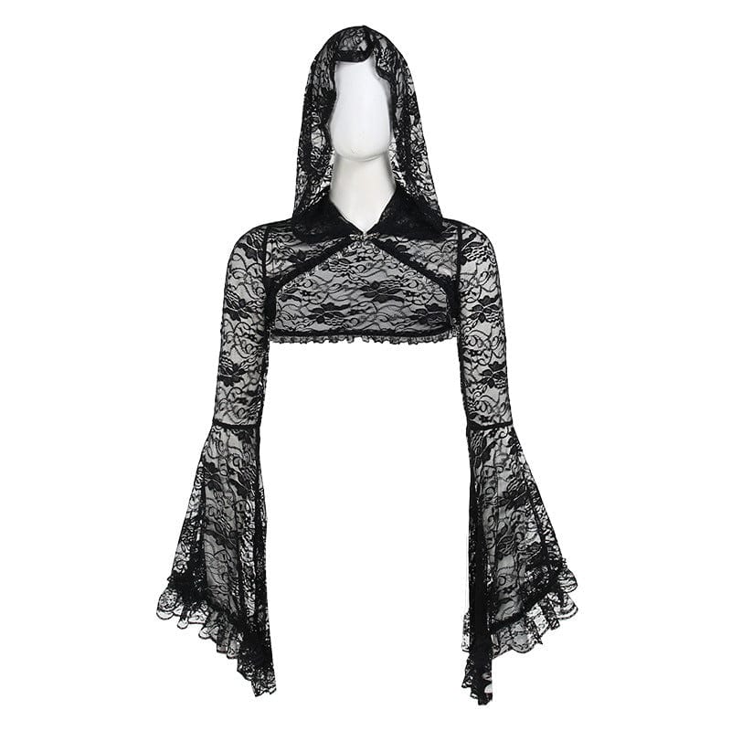 Kobine Women's Gothic Trumpet Sleeved Sheer Lace Cape with Hood