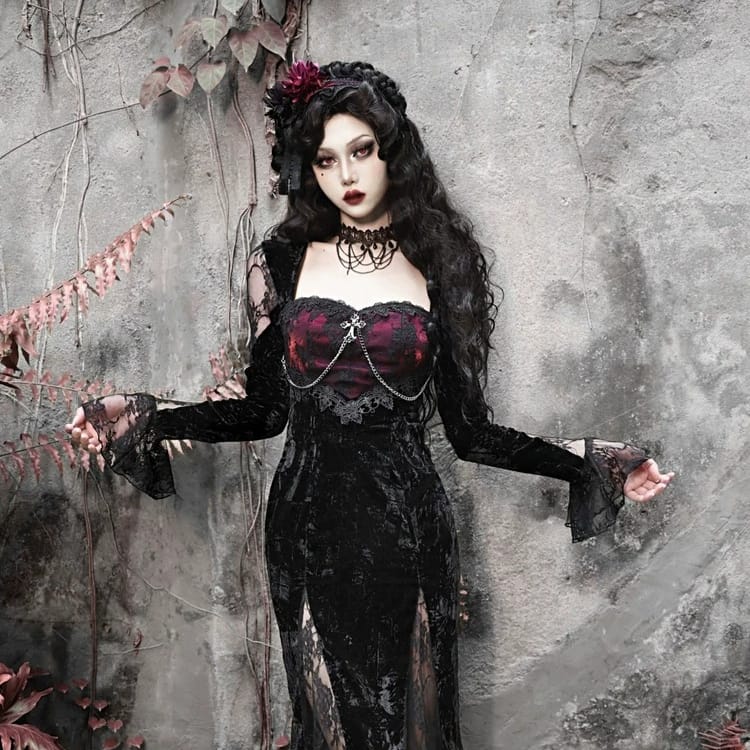 Women's Gothic Velvet Cross Chain Flare Sleeve  Mermaid Maxi Dress - Punk Design