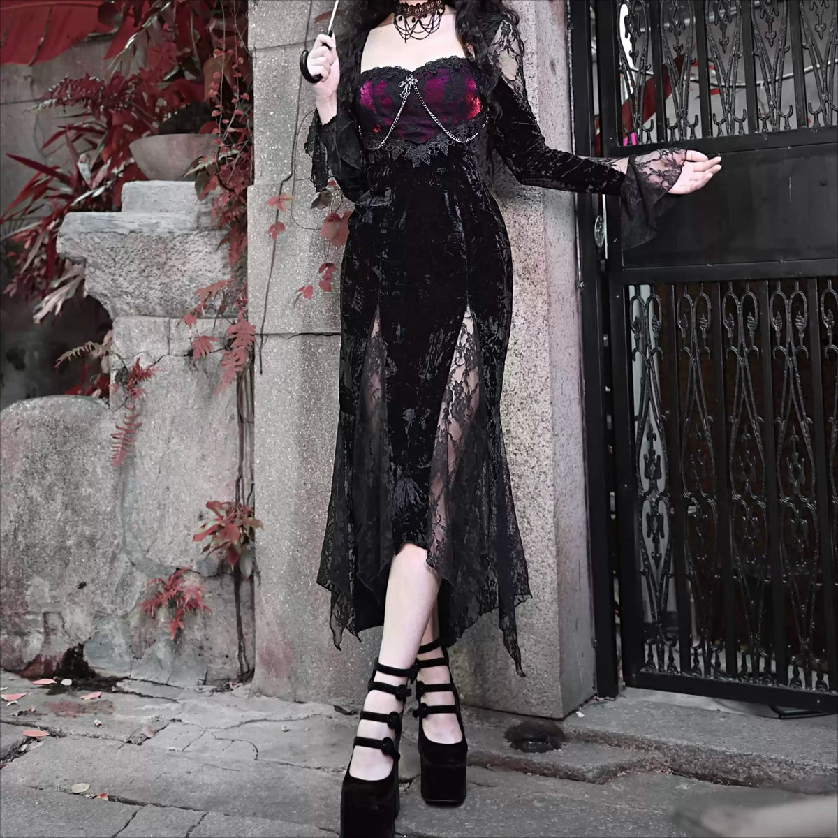 Women's Gothic Velvet Cross Chain Flare Sleeve  Mermaid Maxi Dress - Punk Design