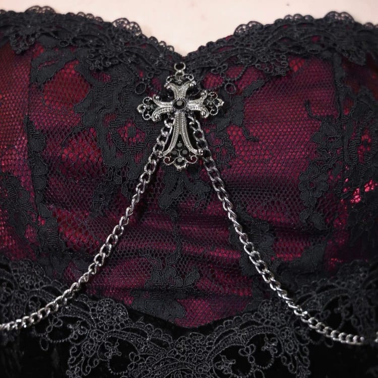Women's Gothic Velvet Cross Chain Flare Sleeve  Mermaid Maxi Dress - Punk Design
