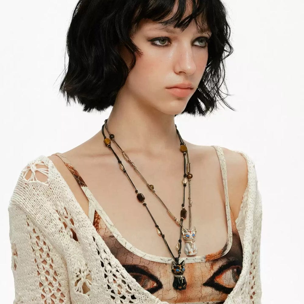 Kobine Women's Grunge Adjustable Cat Long Necklace