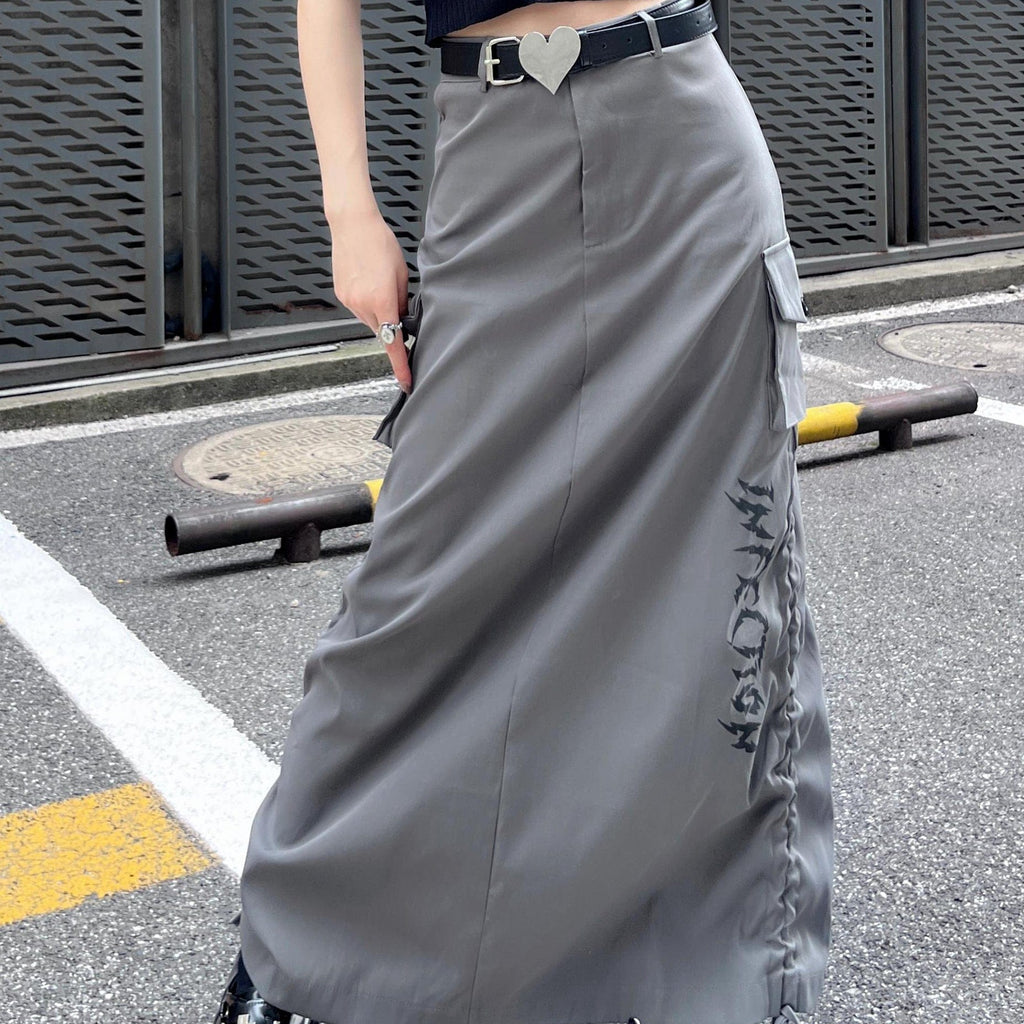 Kobine Women's Grunge Big-pocket Drawstring Skirt with Belt
