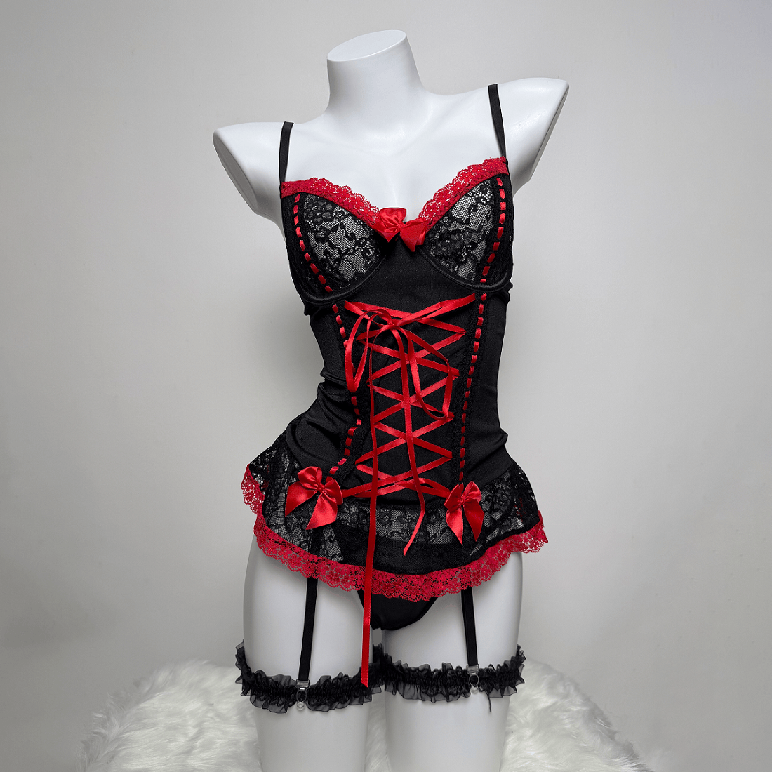 Kobine Women's Grunge Bowknot Lace-up Sexy Lingerie Set with Garter