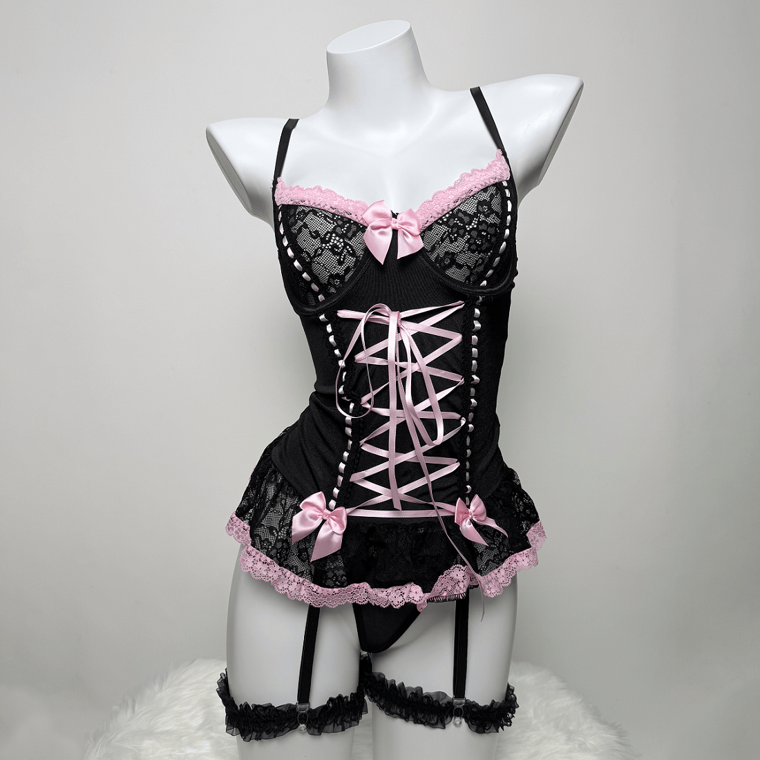 Kobine Women's Grunge Bowknot Lace-up Sexy Lingerie Set with Garter