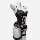 Kobine Women's Grunge Bowknot Lace-up Sexy Lingerie Set with Garter