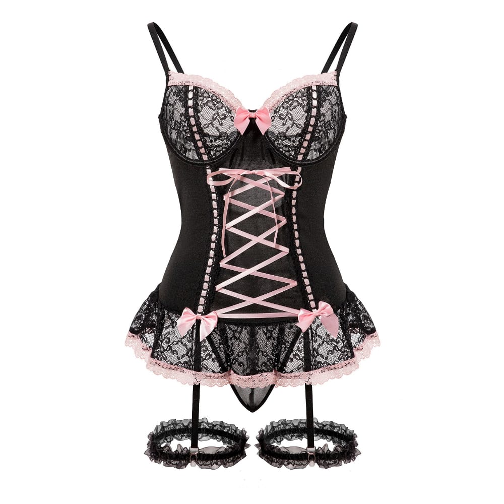 Kobine Women's Grunge Bowknot Lace-up Sexy Lingerie Set with Garter