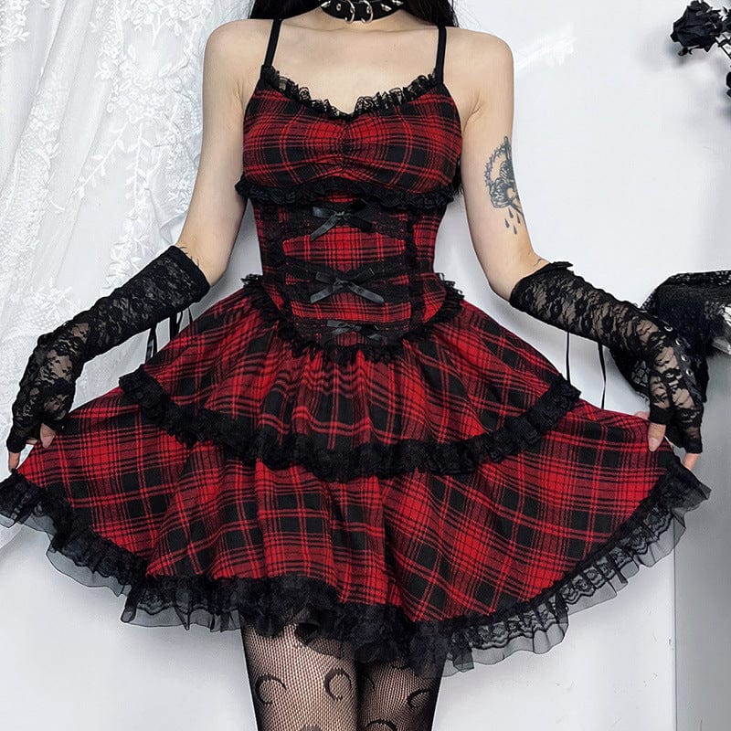 Kobine Women's Grunge Bowknot Layered Plaid Slip Dress