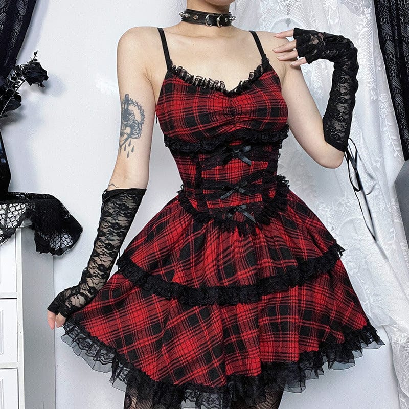 Kobine Women's Grunge Bowknot Layered Plaid Slip Dress