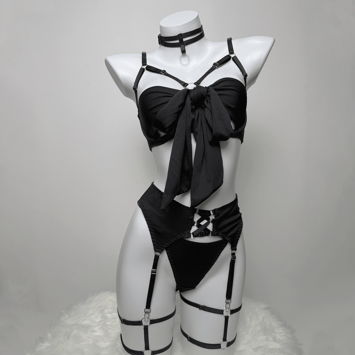 Kobine Women's Grunge Bowknot Sexy Strappy Lingerie Set with Garter & Gloves