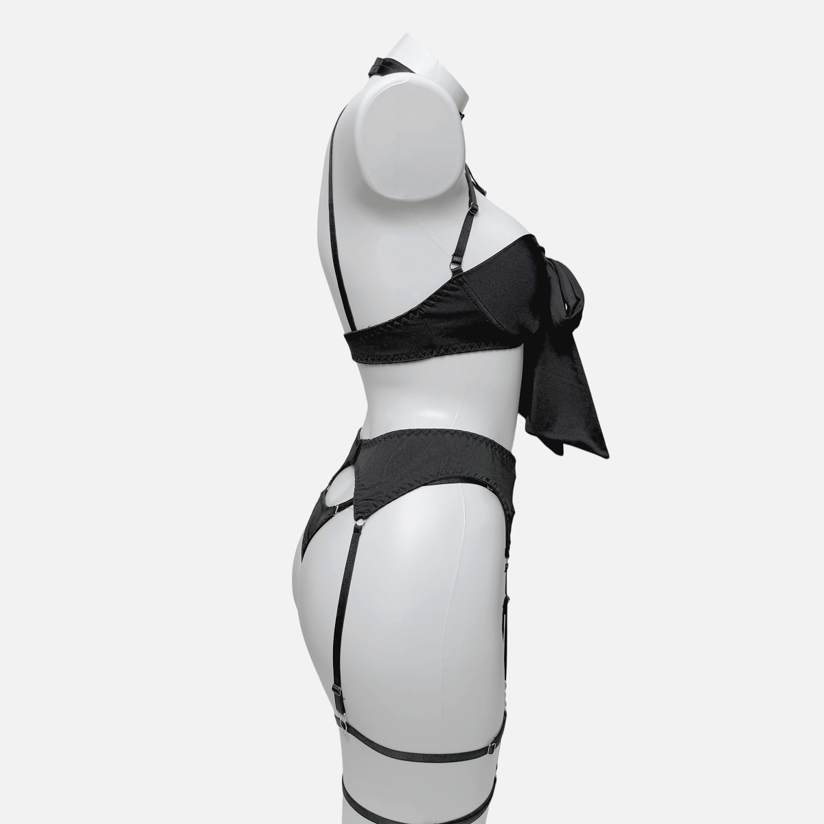 Kobine Women's Grunge Bowknot Sexy Strappy Lingerie Set with Garter & Gloves