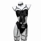 Kobine Women's Grunge Bowknot Sexy Strappy Lingerie Set with Garter & Gloves