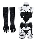 Kobine Women's Grunge Bowknot Sexy Strappy Lingerie Set with Garter & Gloves
