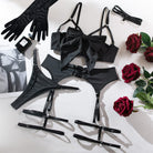 Kobine Women's Grunge Bowknot Sexy Strappy Lingerie Set with Garter & Gloves