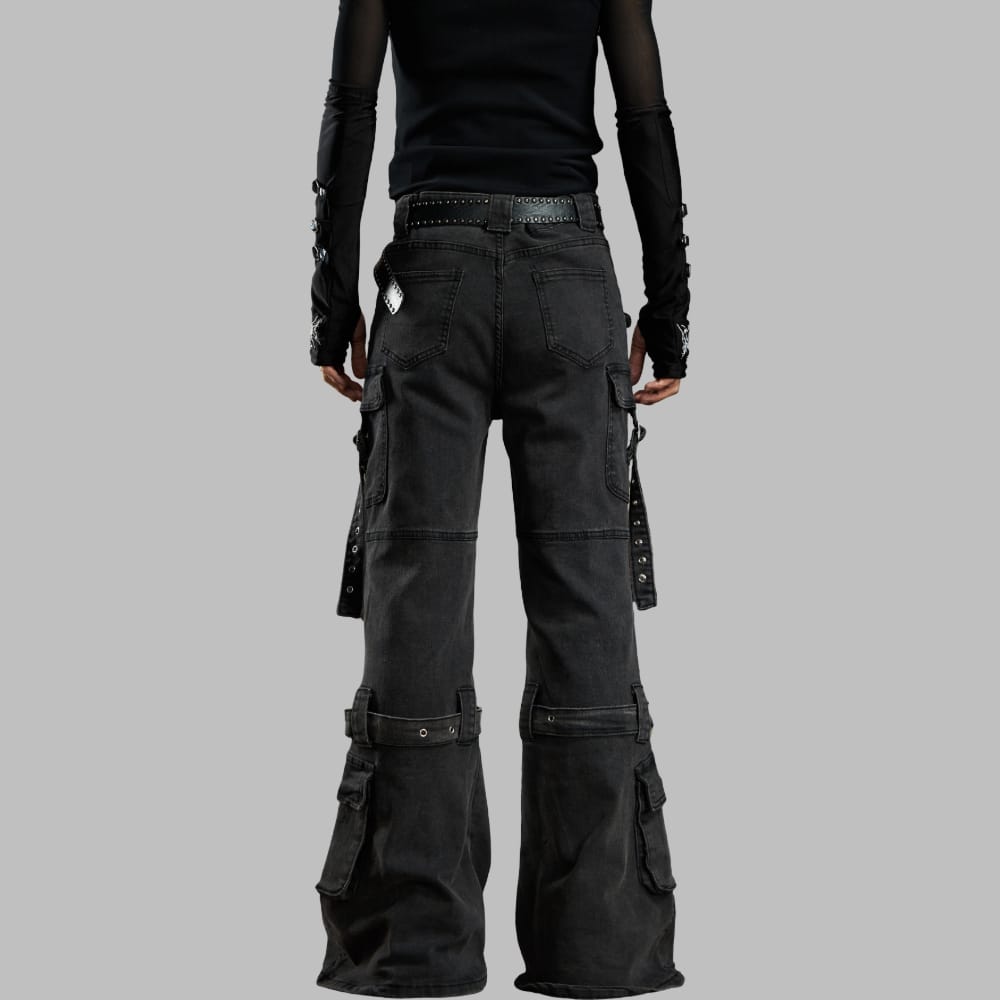 Women's Grunge Buckle Straps Multi Pockets Flare Pants – Punk Design