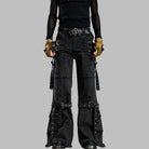 Kobine Women's Grunge Buckle Straps Multi Pockets Flare Pants
