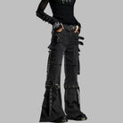 Kobine Women's Grunge Buckle Straps Multi Pockets Flare Pants