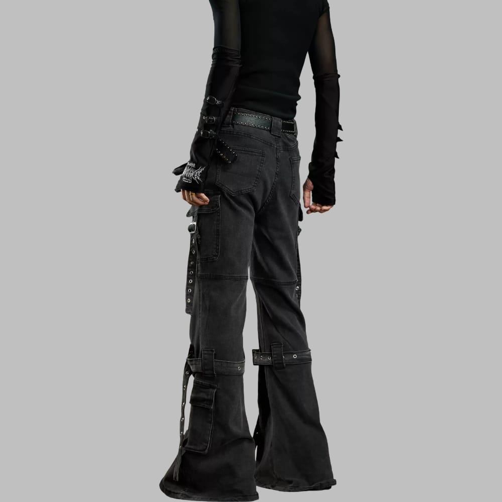 Kobine Women's Grunge Buckle Straps Multi Pockets Flare Pants