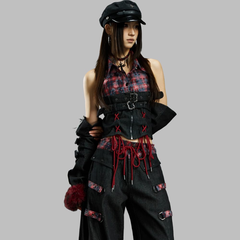 Kobine Women's Grunge Buckle Straps Plaid Patchwork Crop Top with Sleeves
