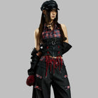 Kobine Women's Grunge Buckle Straps Plaid Patchwork Crop Top with Sleeves