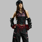 Kobine Women's Grunge Buckle Straps Plaid Patchwork Crop Top with Sleeves