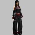 Kobine Women's Grunge Buckle Straps Plaid Patchwork Crop Top with Sleeves