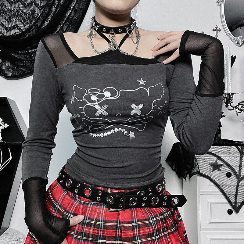 Kobine Women's Grunge Cat Printed Lacing-up Long Sleeved T-shirt